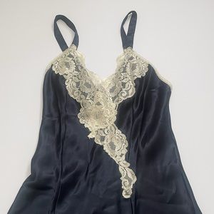 Vintage Val Mode Navy Blue Satin Slip Dress Mini with Deep Cream Lace Plunge